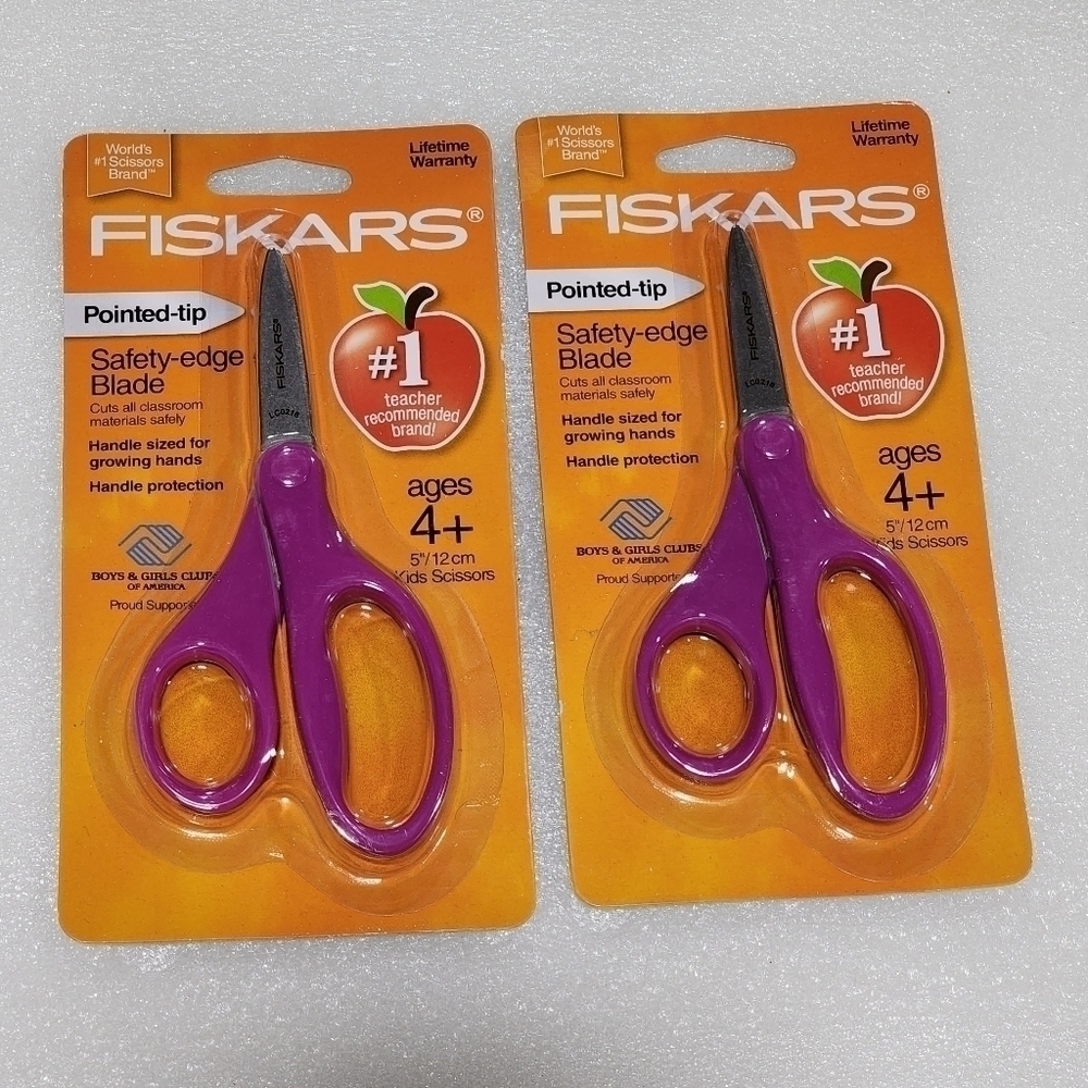 NEW lot of 2 Fiskars 5" Pointed tip Safety-edge Blade Scissors 4+ Purple